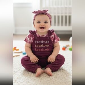 Adorable BEBE 3 piece little girls set Overalls + Top + Headband